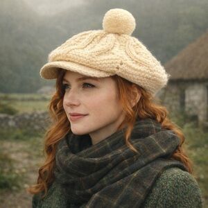 John Molloy Donegal Wool Knit Newsboy Hat Cream Ireland Women's